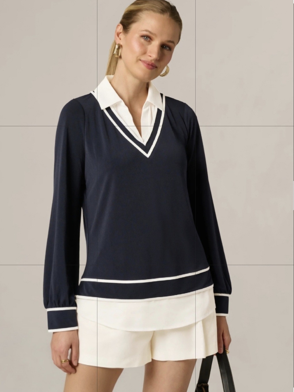 Adrianna Papell Navy and White V-Neck Layered Polo Long Sleeve Top